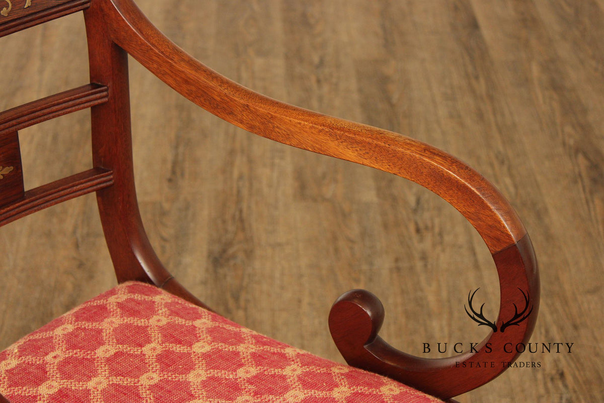 Antique English Regency Style Pair of Rosewood Brass Inlaid Armchairs
