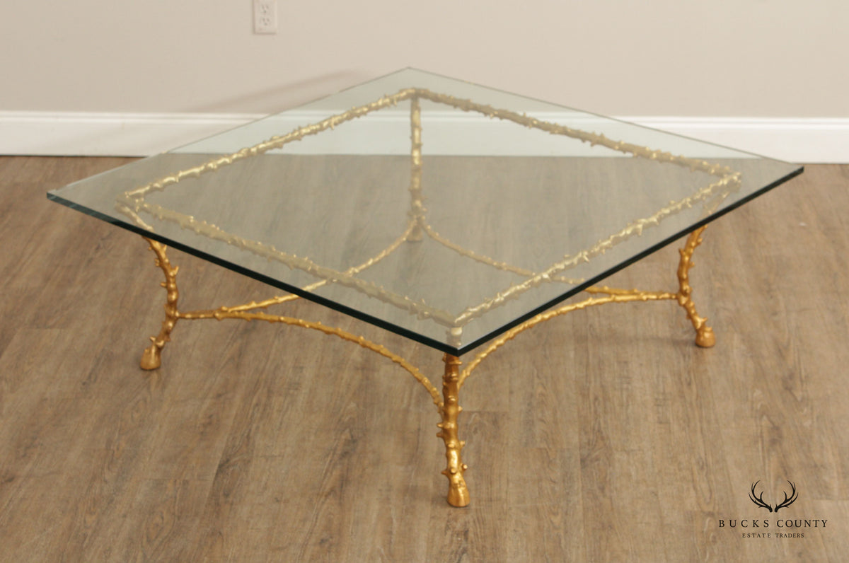 Italian Hollywood Regency Gilt Bronze Glass Top Coffee Table