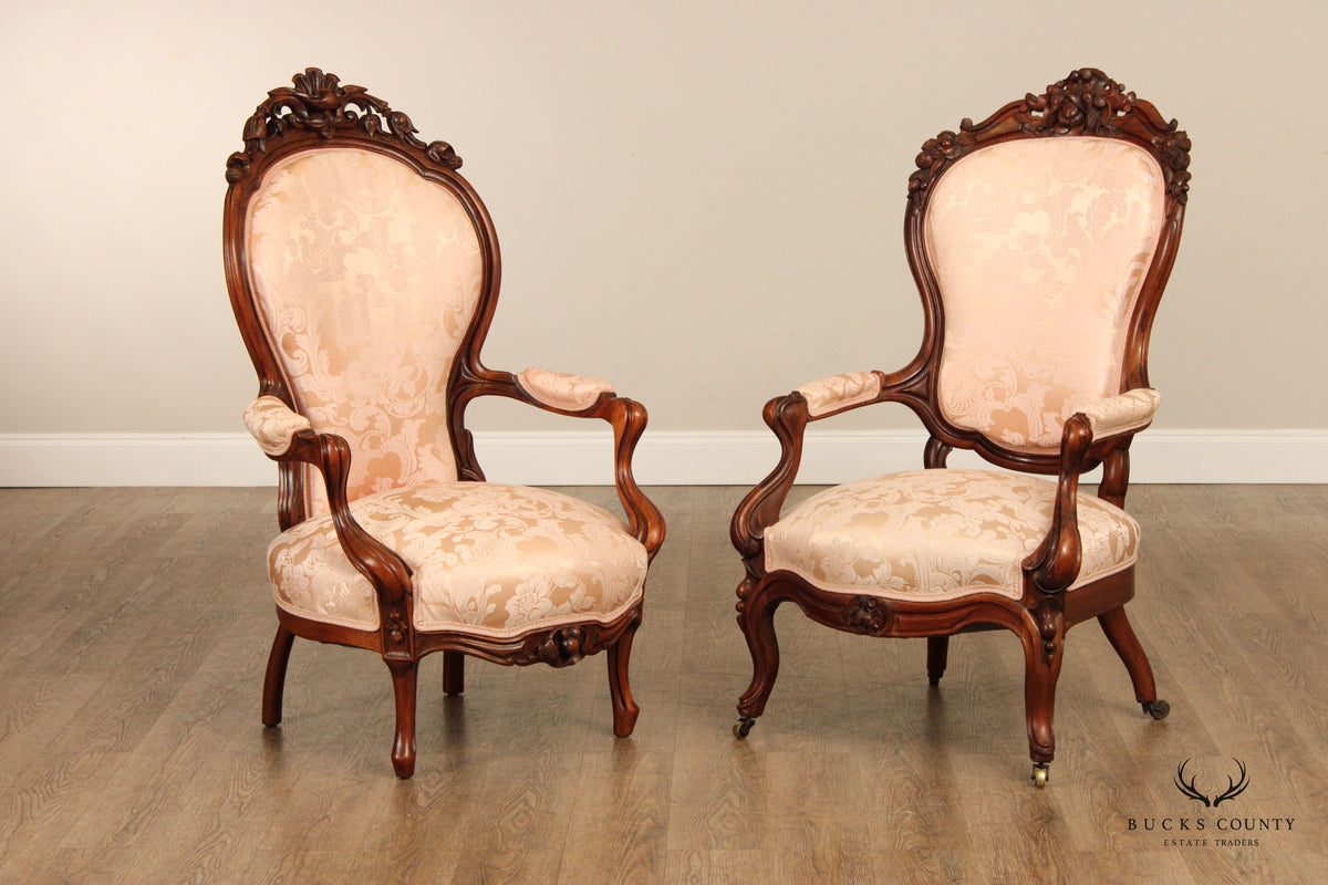 Antique Victorian Pair of Carved Walnut Armchairs