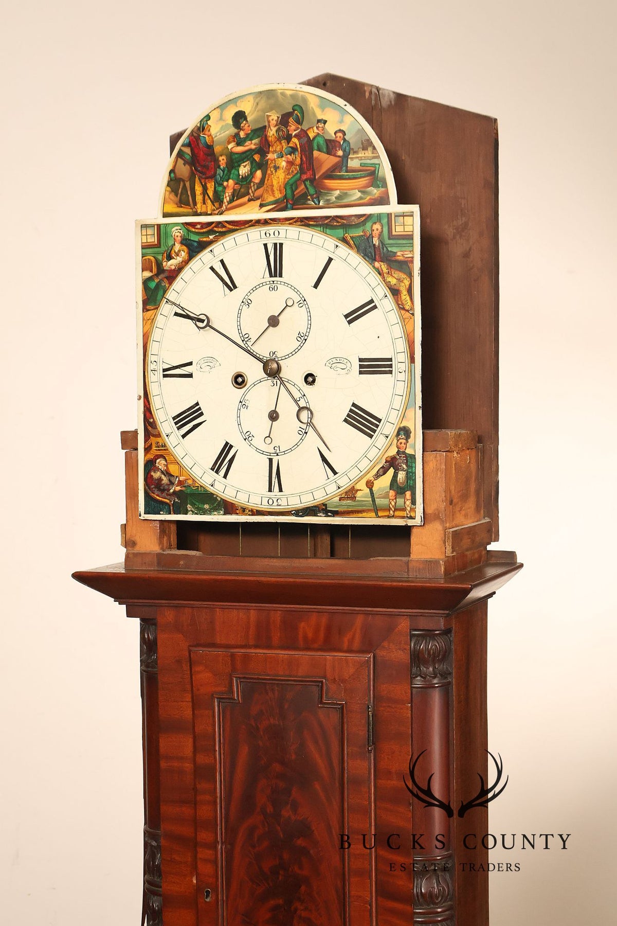 Antique Mahogany Tall Case Grandfather Clock With Painted Dial By Dundee