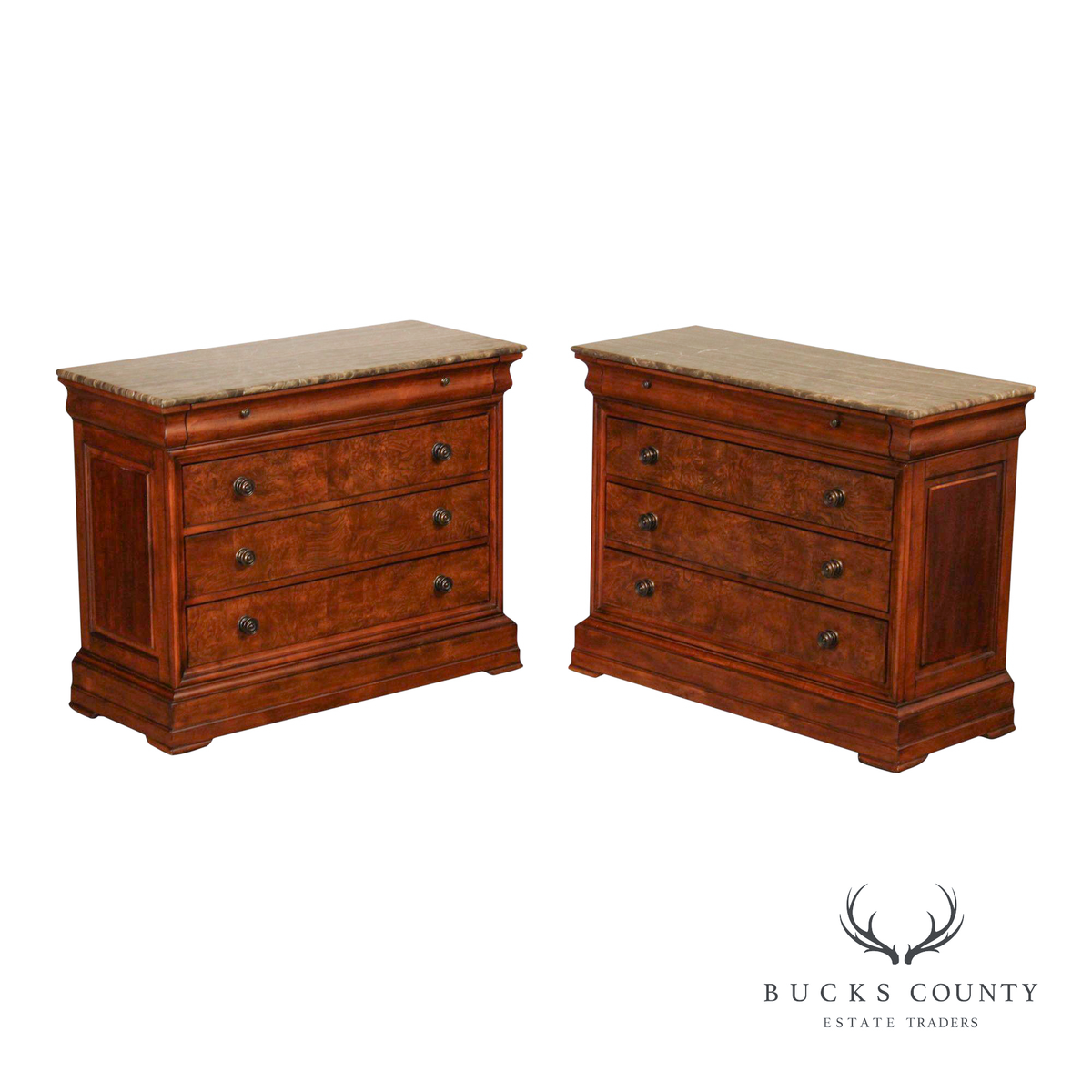 Ethan Allen Louis Philippe Style Pair of 'Fisher' Marble Top Chests