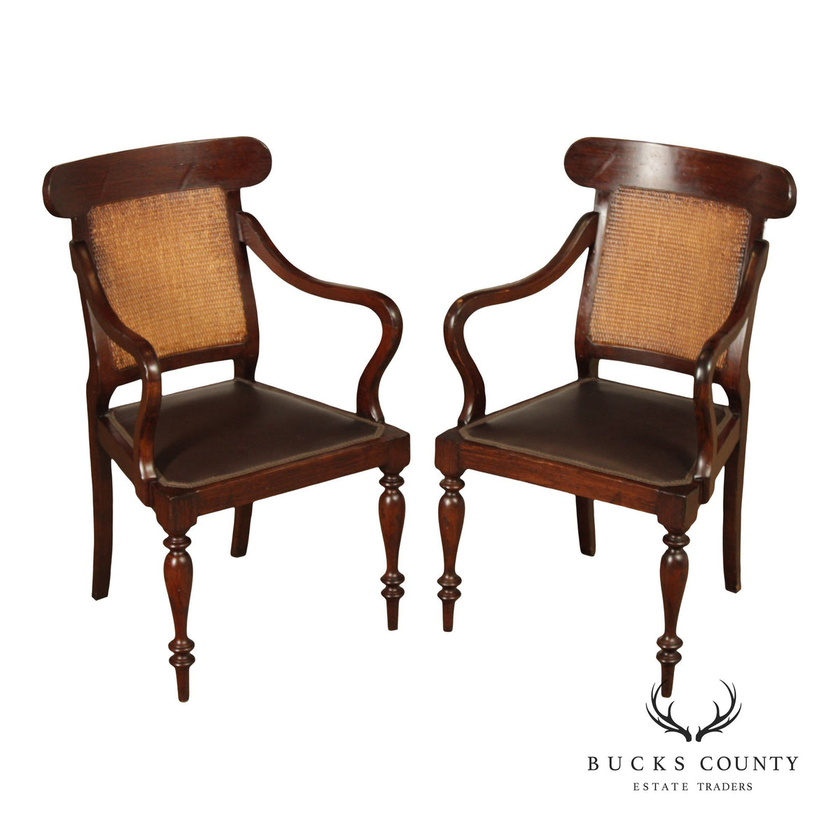 Vintage Anglo-Indian Style Pair of Caned Back Leather Seat Armchairs