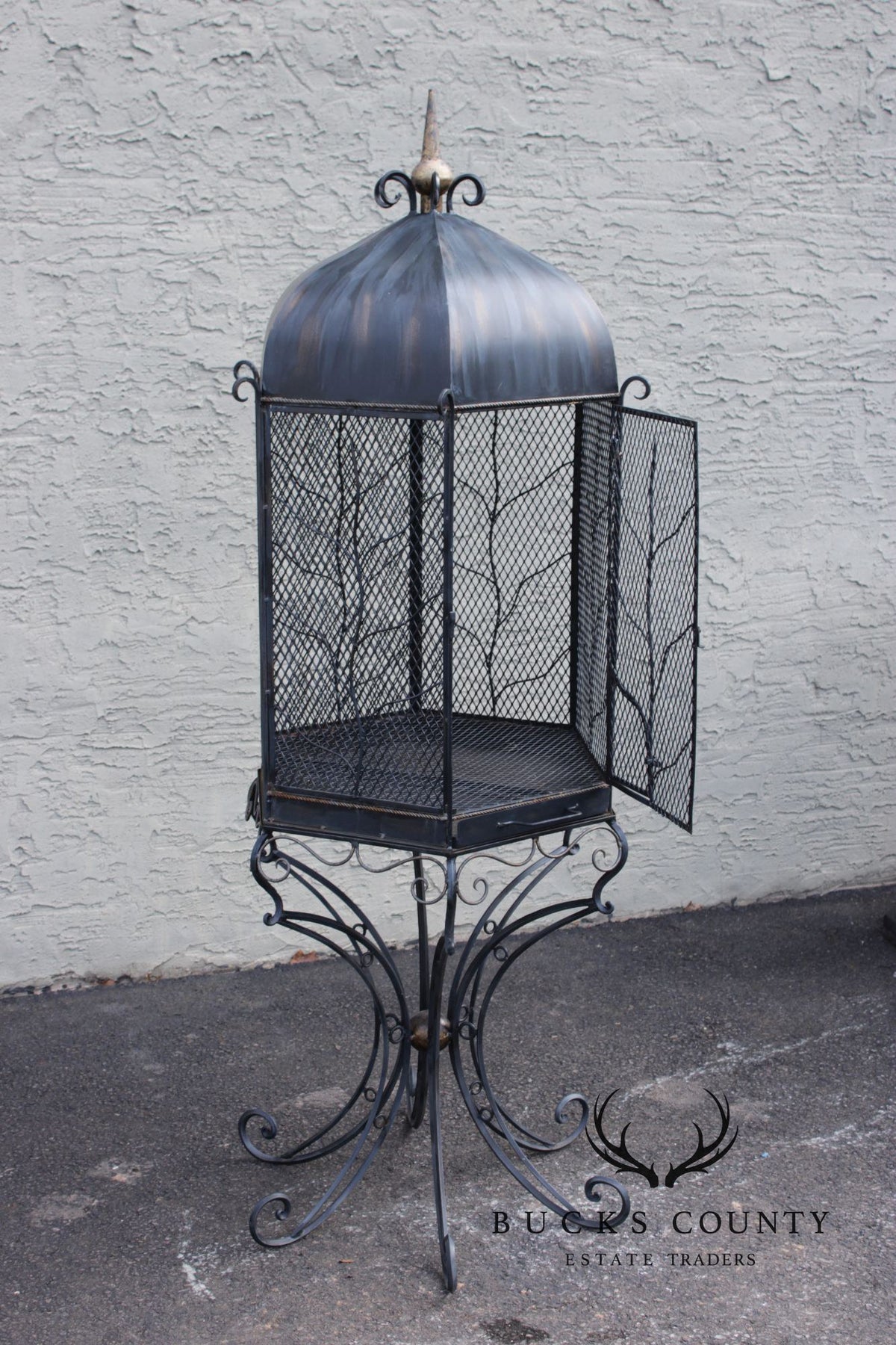Vintage Wrought Iron Garden Bird Cage On Stand