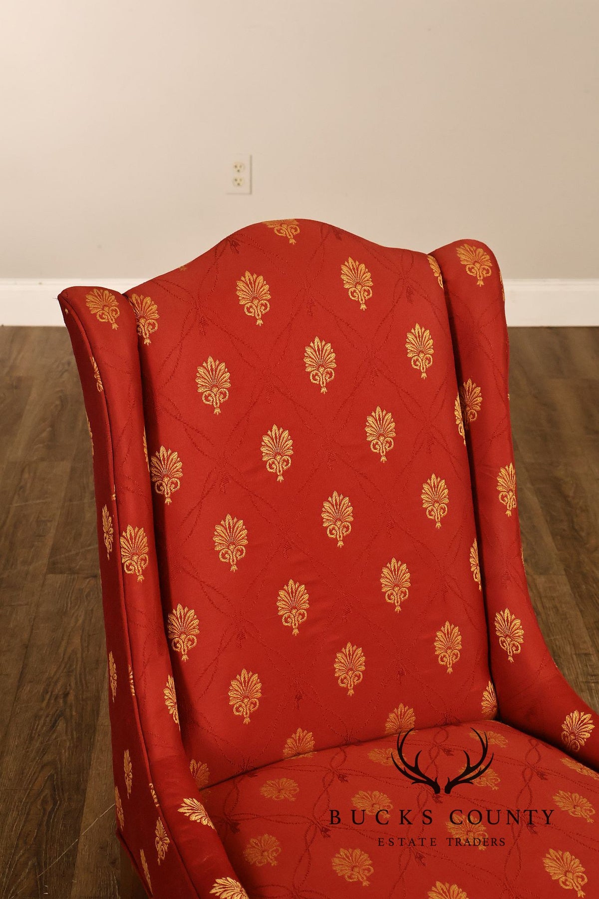 Pair Of Red And Gold Upholstered Wingback Accent Chairs With H-Stretcher Bases