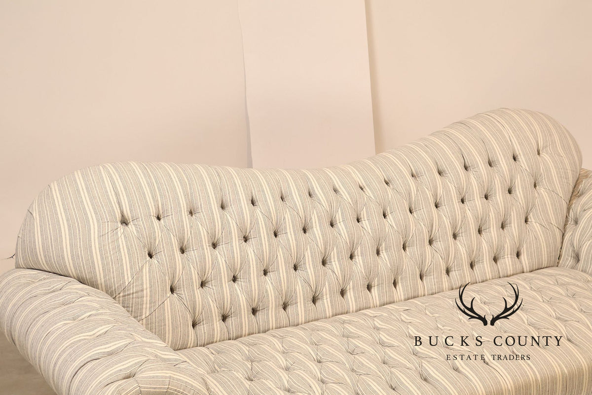 Cambridge Collection Tufted Blue And White Striped Upholstered Sofa