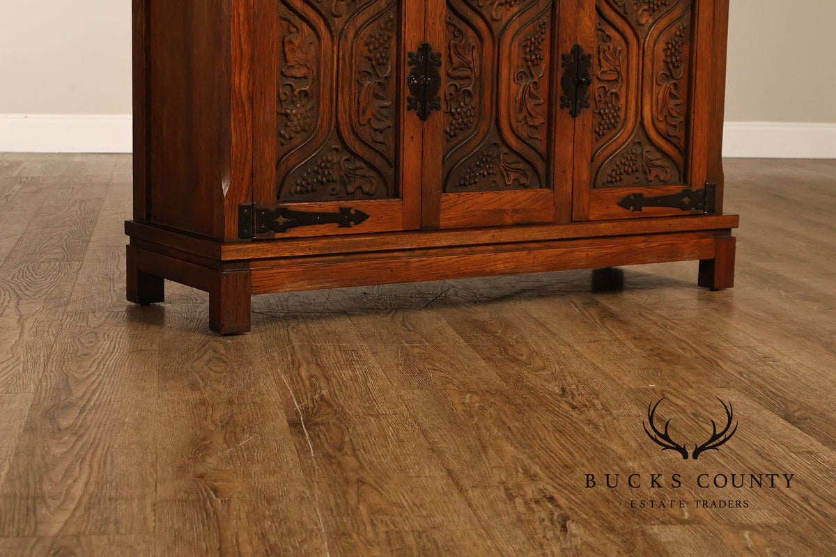 Vintage Spanish Revival Carved Oak Cabinet With Iron Hardware