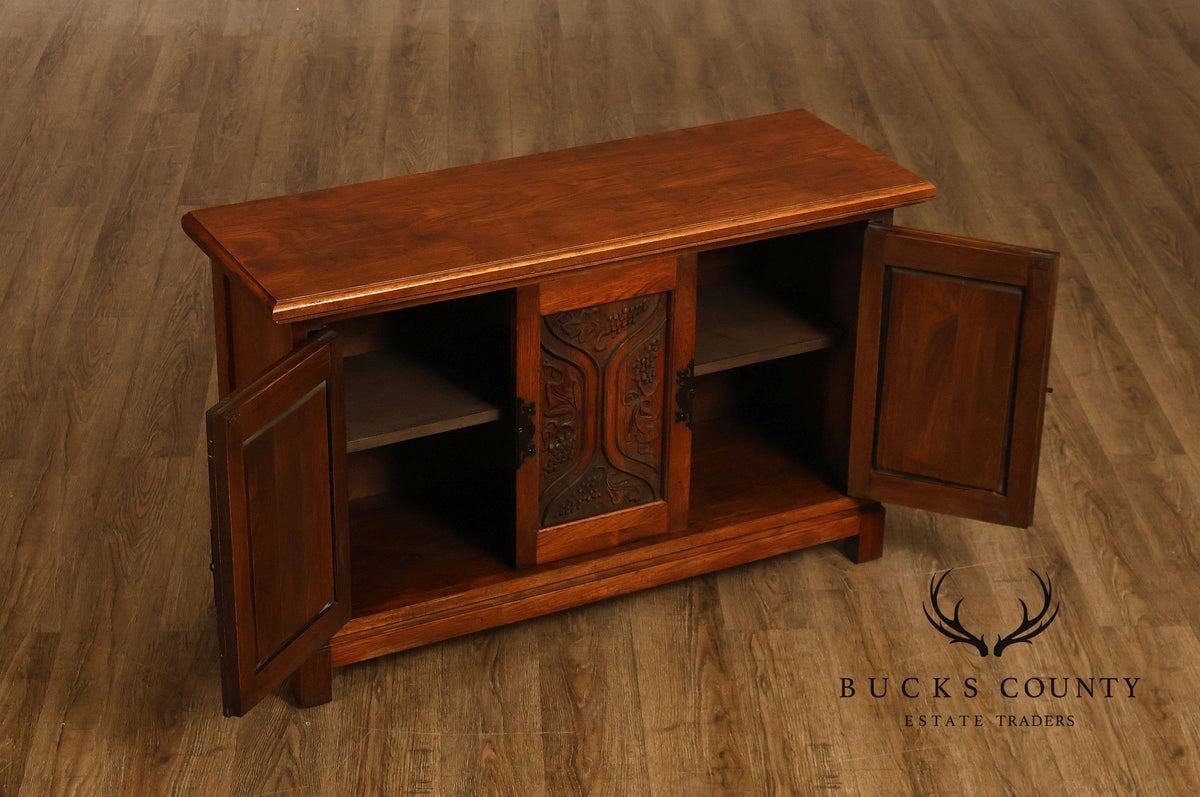 Vintage Spanish Revival Carved Oak Cabinet With Iron Hardware