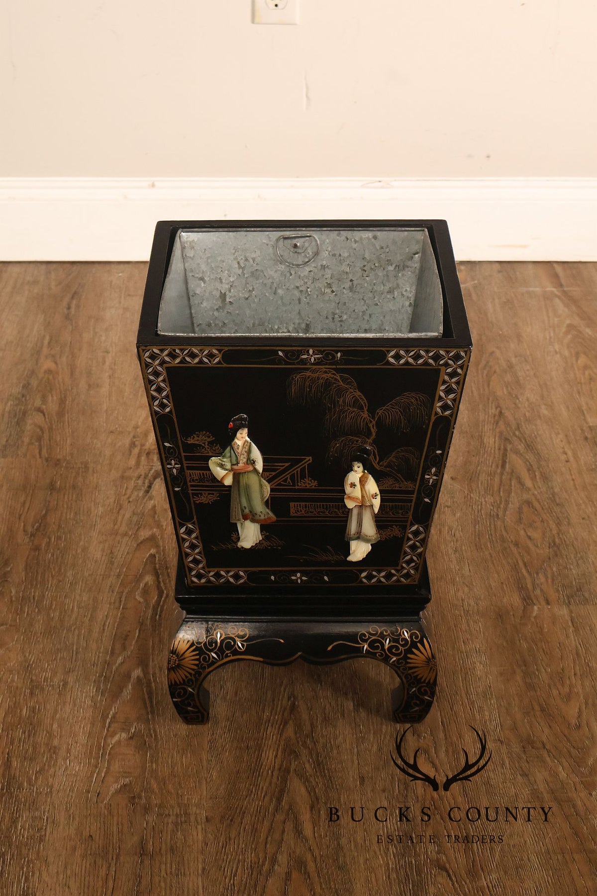 Chinese Black Lacquer Mother Of Pearl Inlaid Figural Planter On Matching Stand