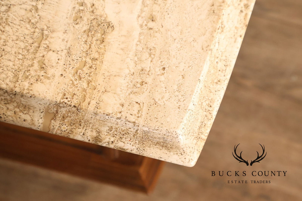 Pair Of Neoclassical Style Travertine Top Three Drawer Nightstands