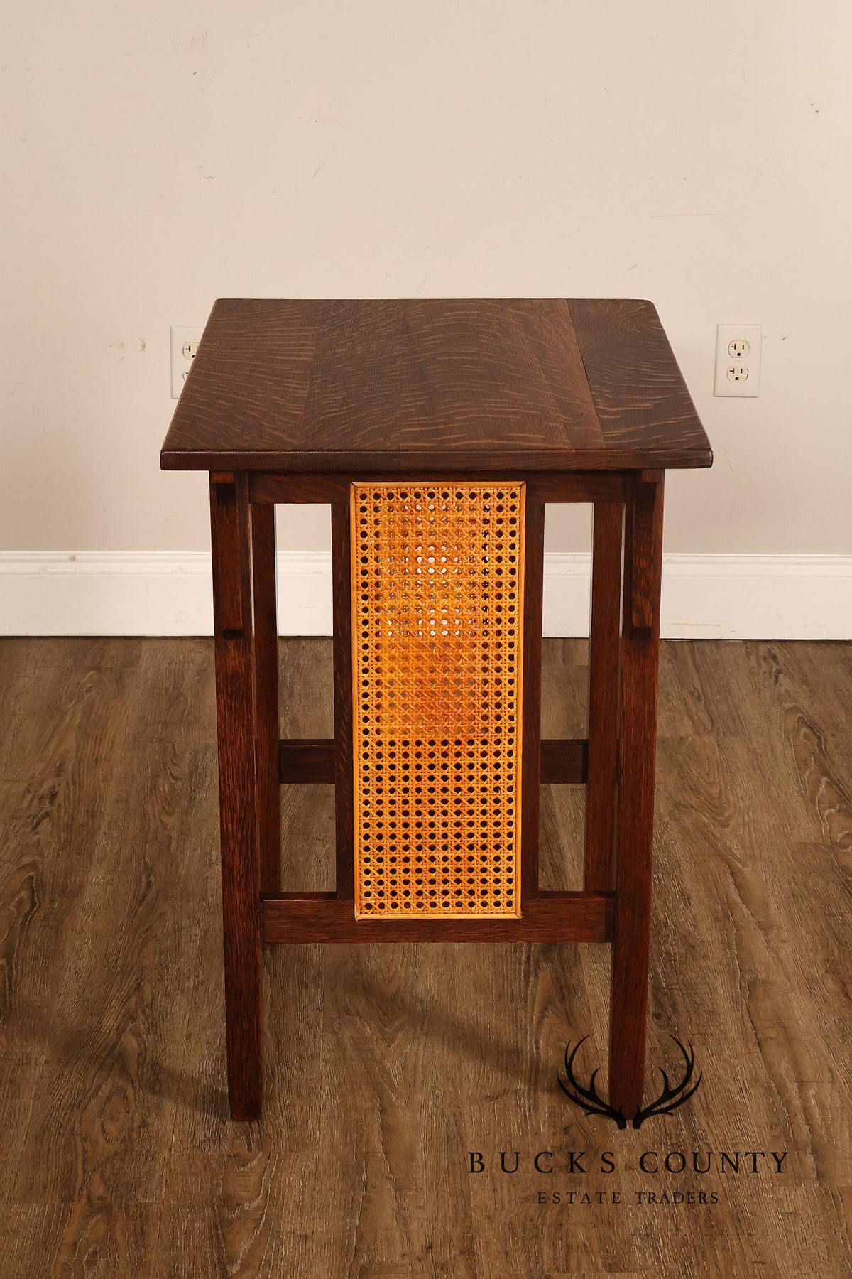 Antique Stickley Brothers Arts & Crafts Oak Side Table With Cane Panels