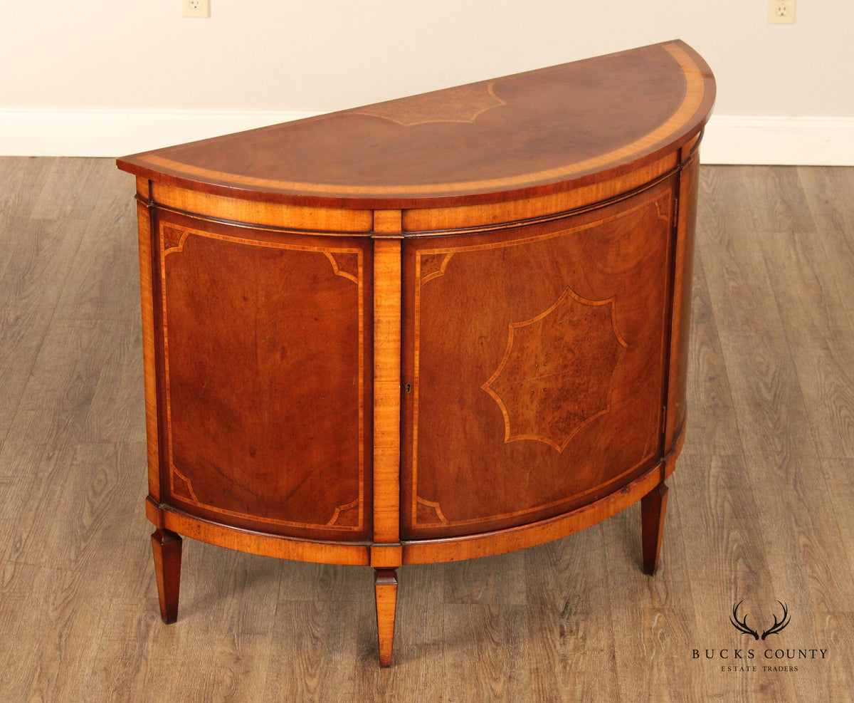 Regency Style Inlaid Walnut Demilune Cabinet Commode