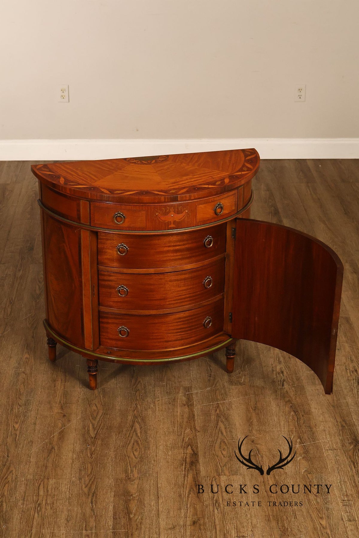 Neoclassical Style Inlaid Demilune Cabinet With Interior Drawers