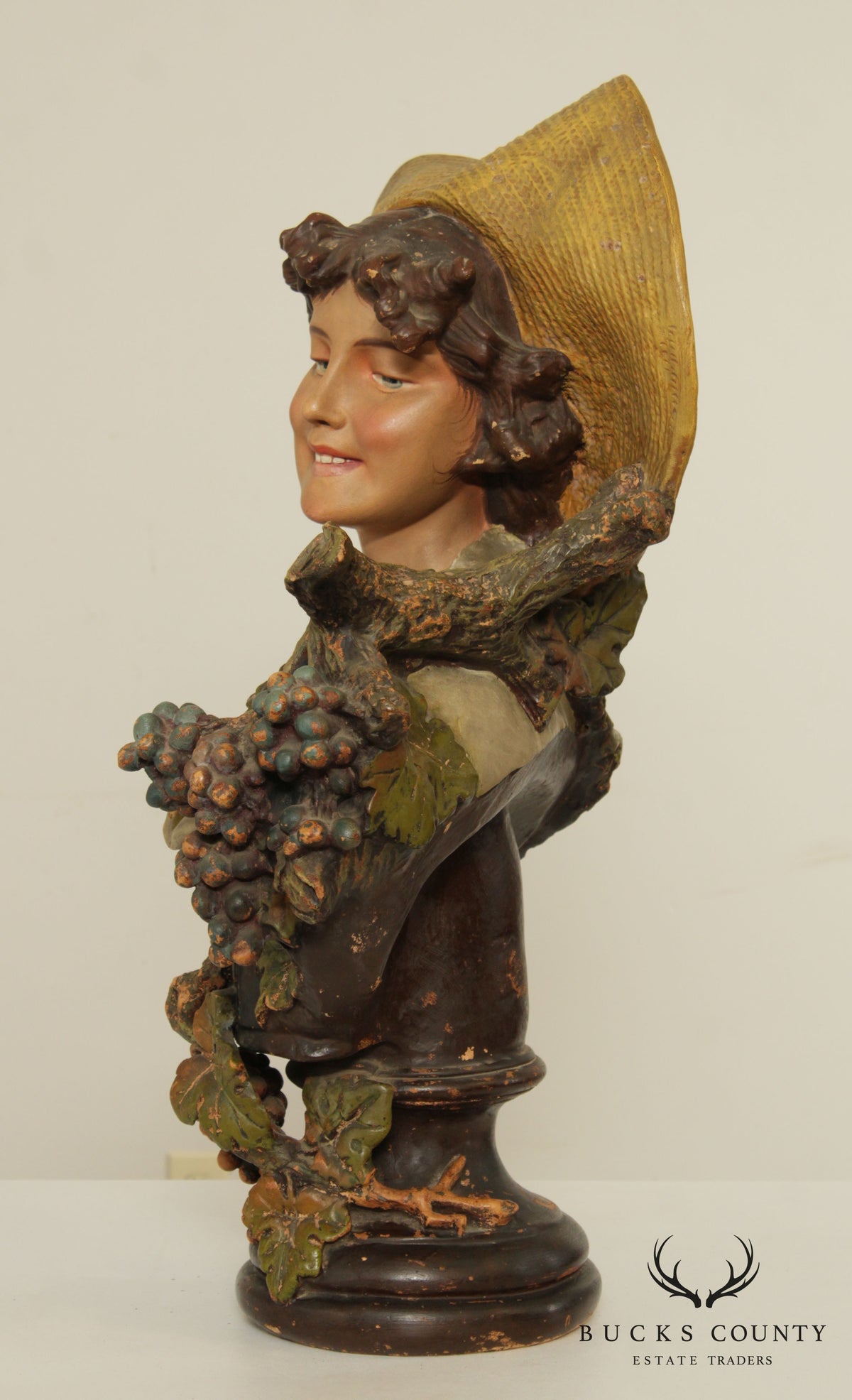 Vintage Bust of Maiden Carved Sculpture, 'Lady of the Grapes'