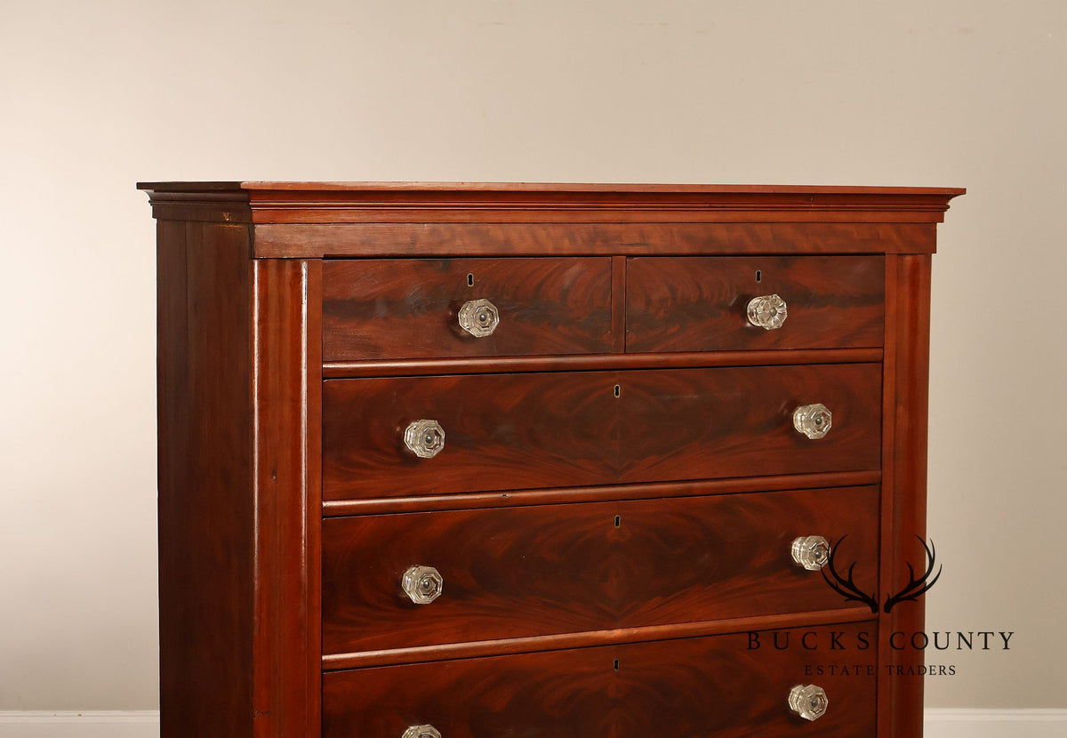 Antique American Classical Mahogany Tall Chest Of Drawers With Glass Knobs