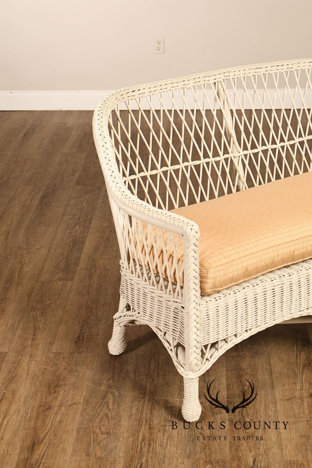 Vintage White Wicker Loveseat With Upholstered Seat Cushion