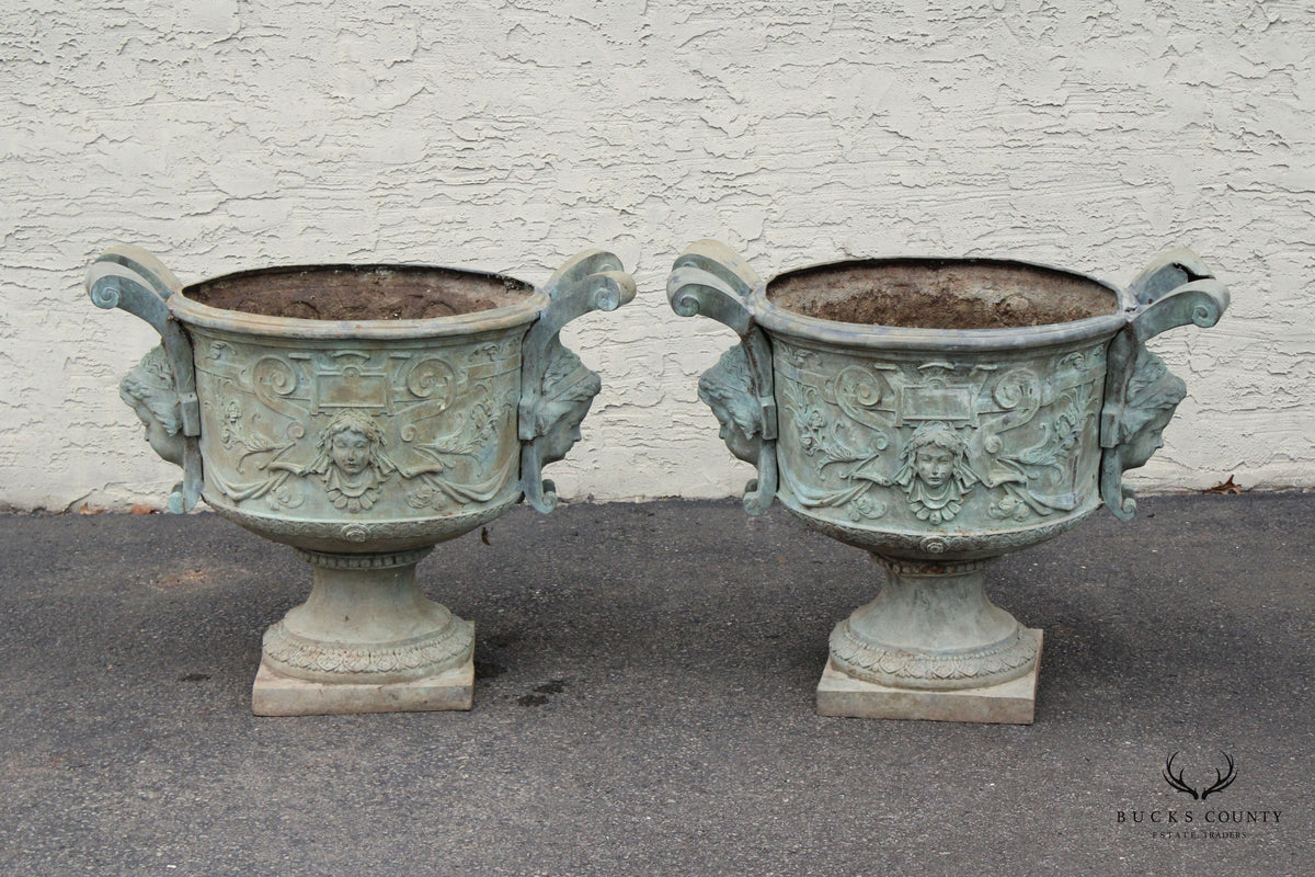 Antique Pair of Lead Alloy Outdoor Garden Urns