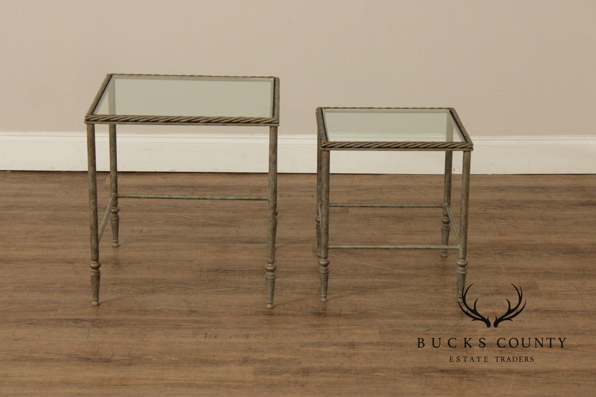Vintage Pair of Iron Glass Top Nesting Tables