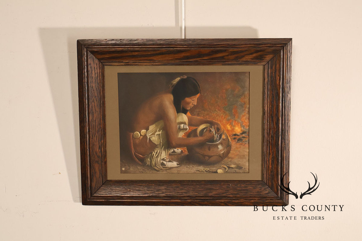 Wood Framed Lithograph Artwork "Treasure Jar" by E. Irving Couse