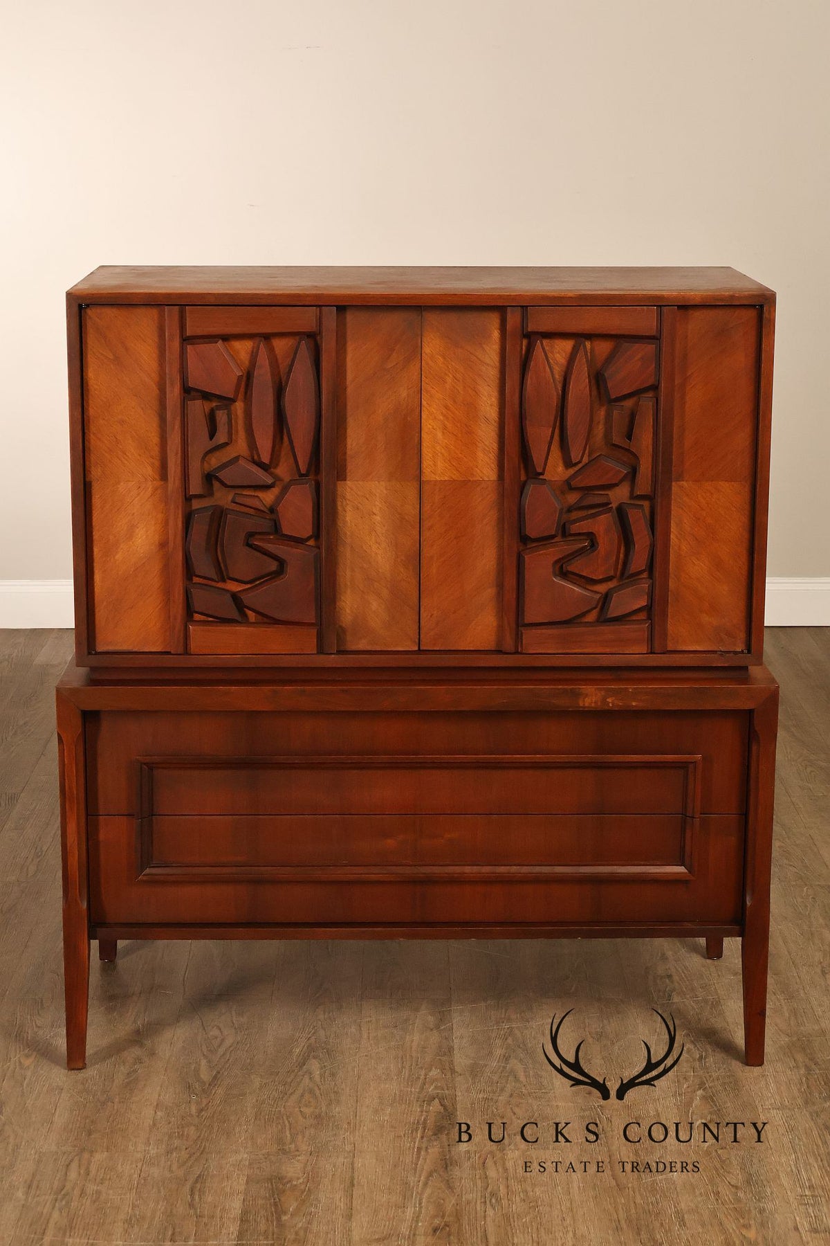 United Furniture 'Tiki' Brutalist Sculpted Walnut Tall Chest