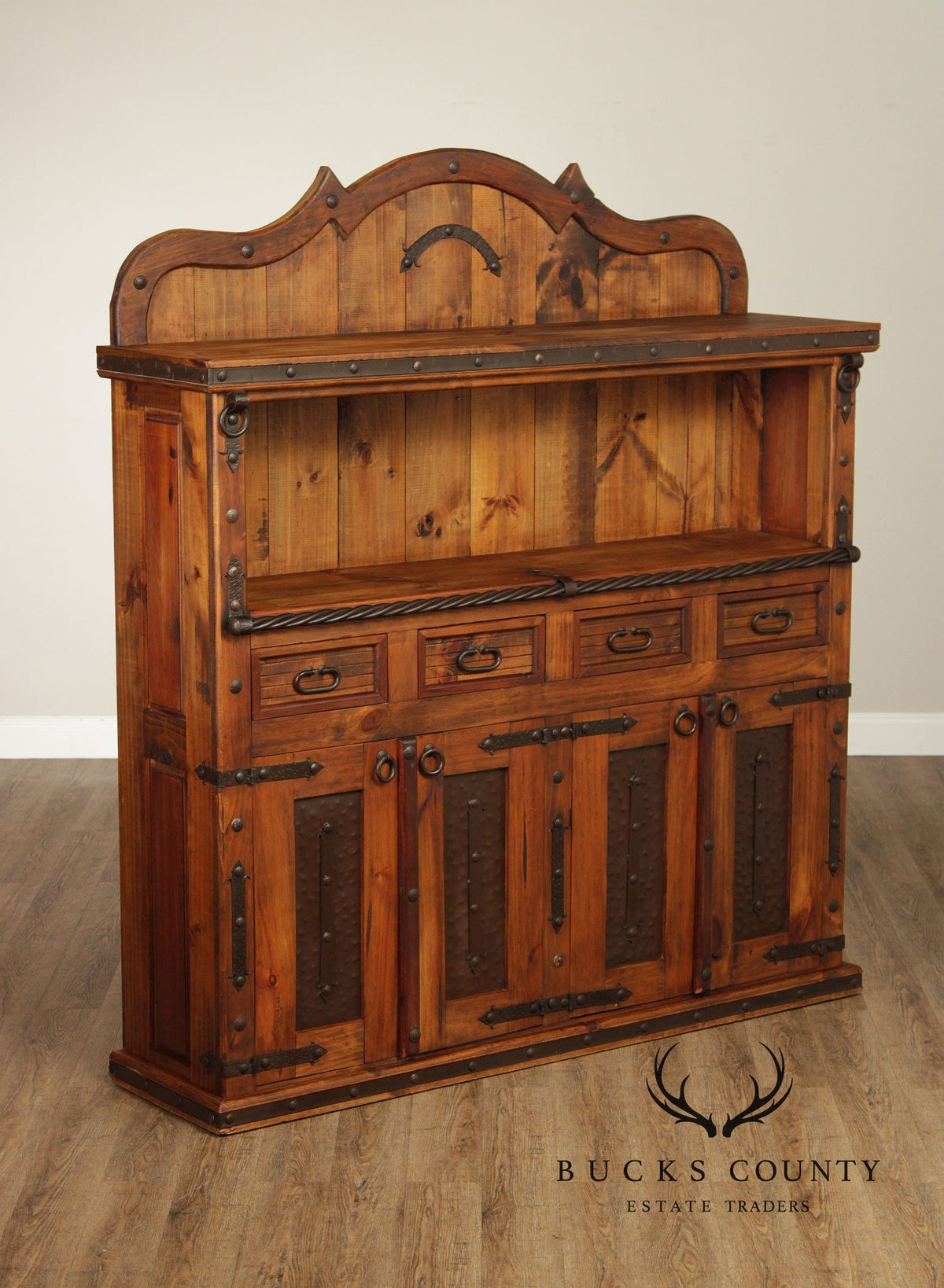 Rustic Spanish Colonial Style Pine Iron Mounted Sideboard Hutch