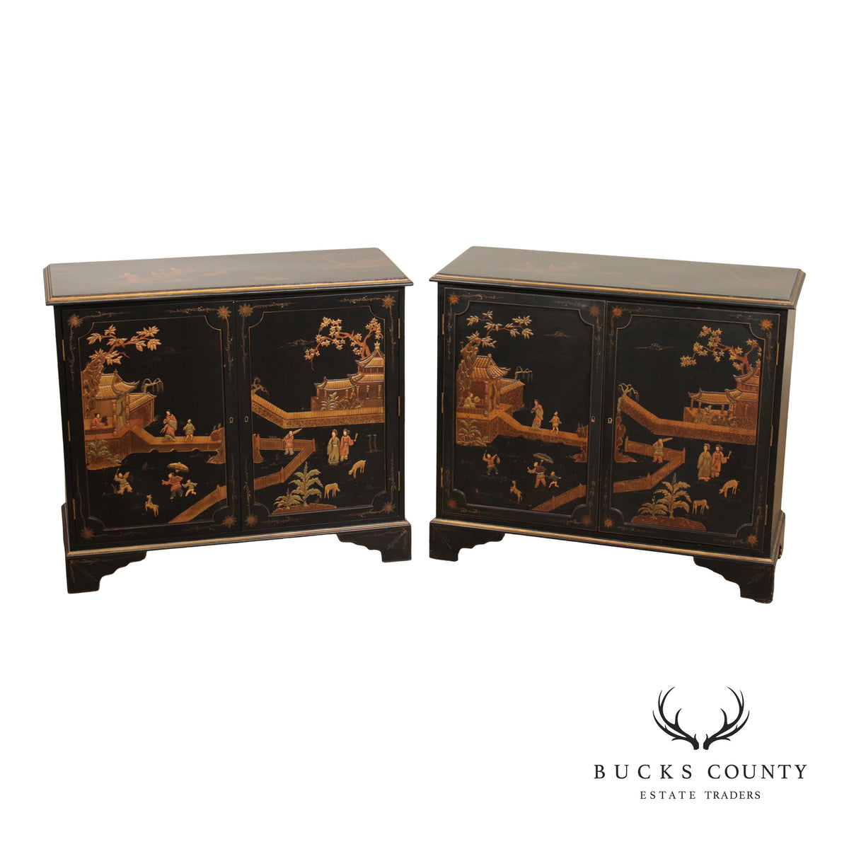 Georgian Furnishing Co. Pair Of Black Lacquer Chinoiserie Cabinets