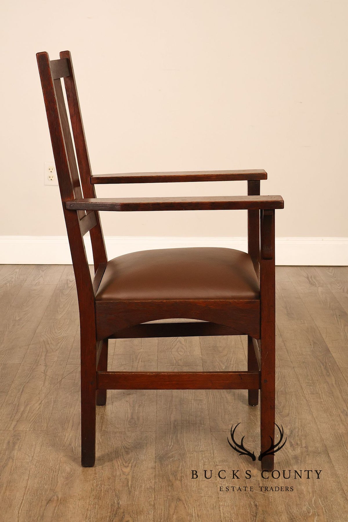 Antique Gustav Stickley Harvey Ellis Arts And Crafts Mission Oak And Leather Armchair