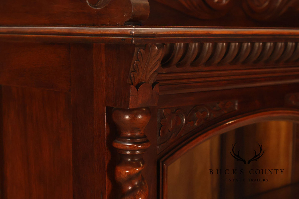 Antique Victorian Carved Walnut and Glass Bookcase