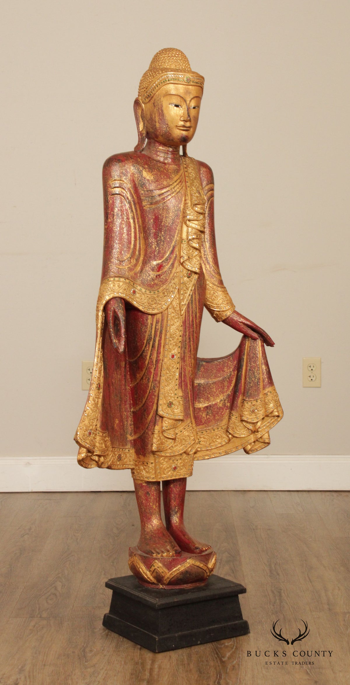 Burmese Mandalay Gilded Red Lacquer Tall Standing Buddha