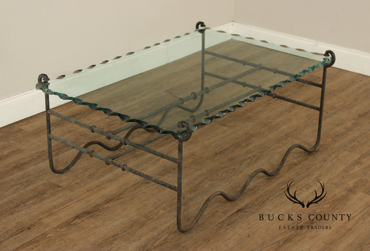 Modernist Glass Top Wrought Iron Coffee Table