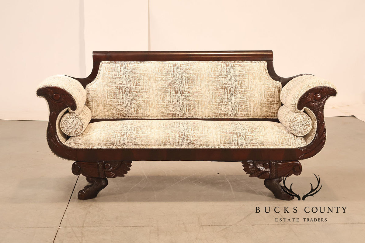 Antique American Upholstered Empire Style Carved Mahogany Sofa
