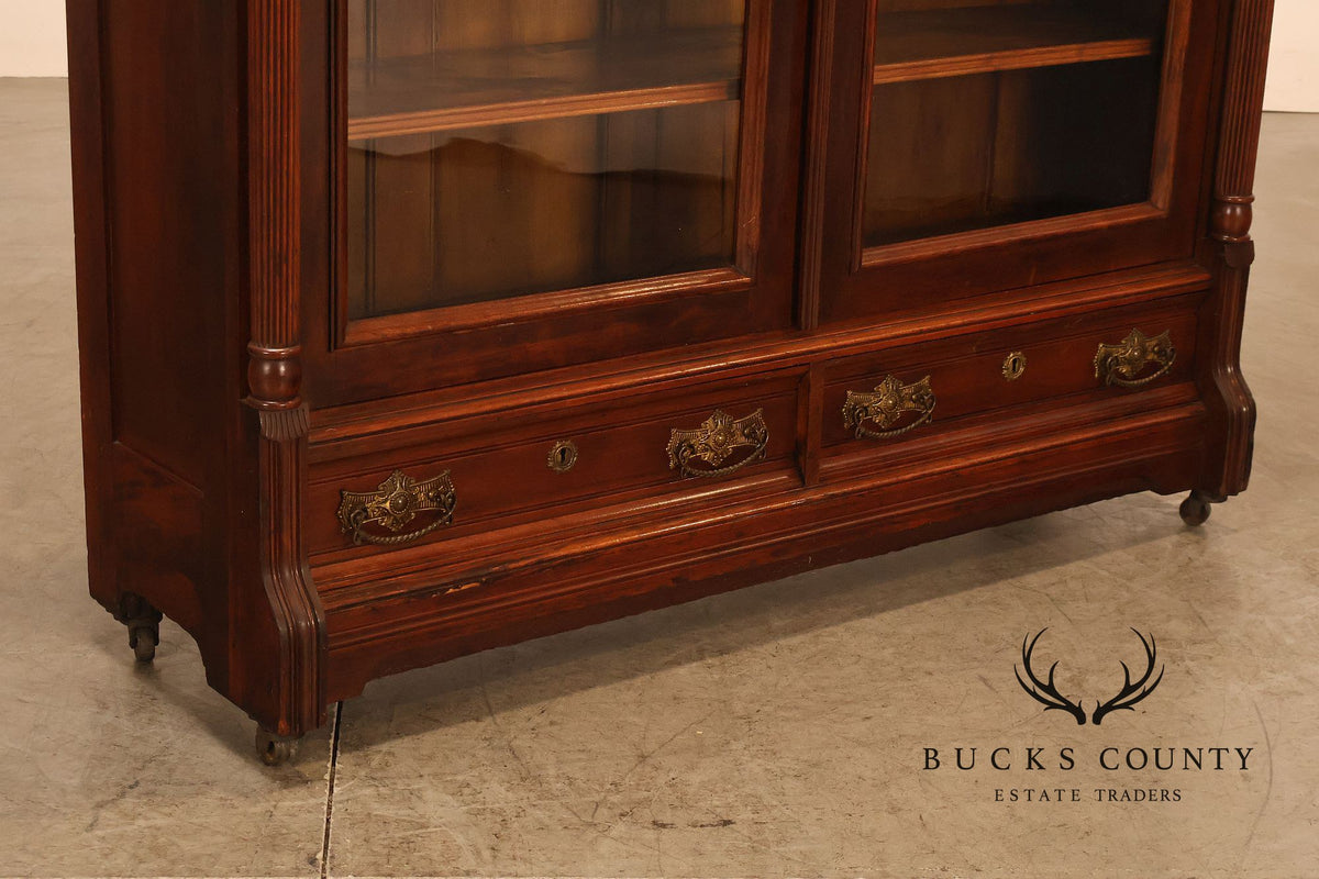 Antique Victorian Carved Walnut and Glass Bookcase