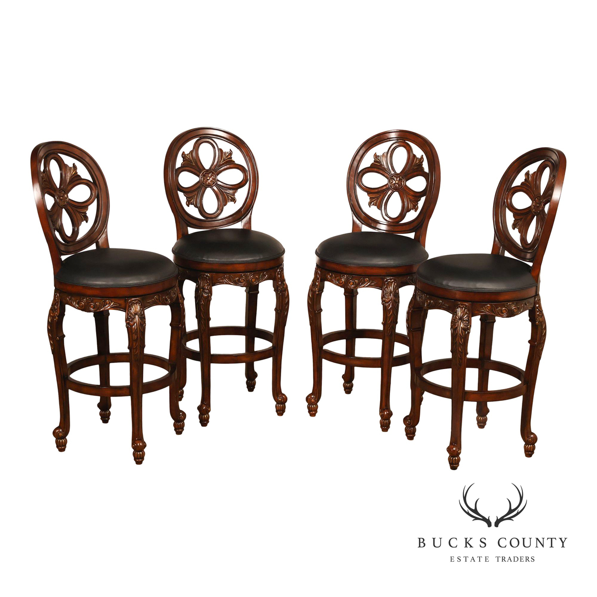Quality Set Of Four Carved Mahogany Swivel Bar Stools