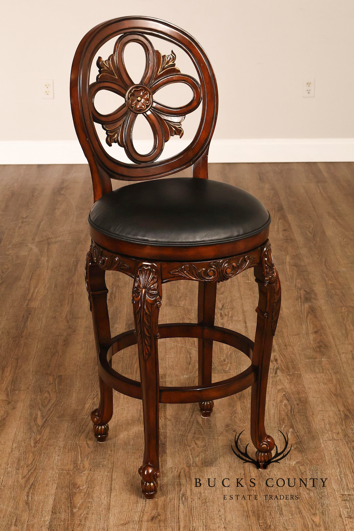 Quality Set Of Four Carved Mahogany Swivel Bar Stools