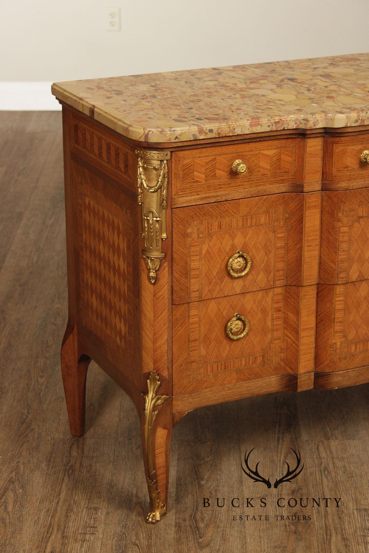 Antique French Louis XV Style Marquetry Marble Top Commode