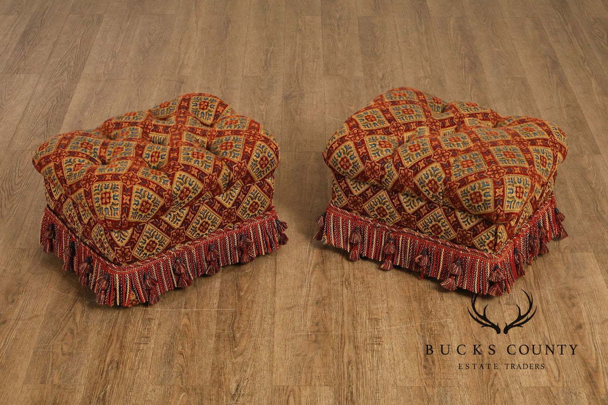 Pair of Tufted Upholstered Tassel Fringe Footstools Ottomans