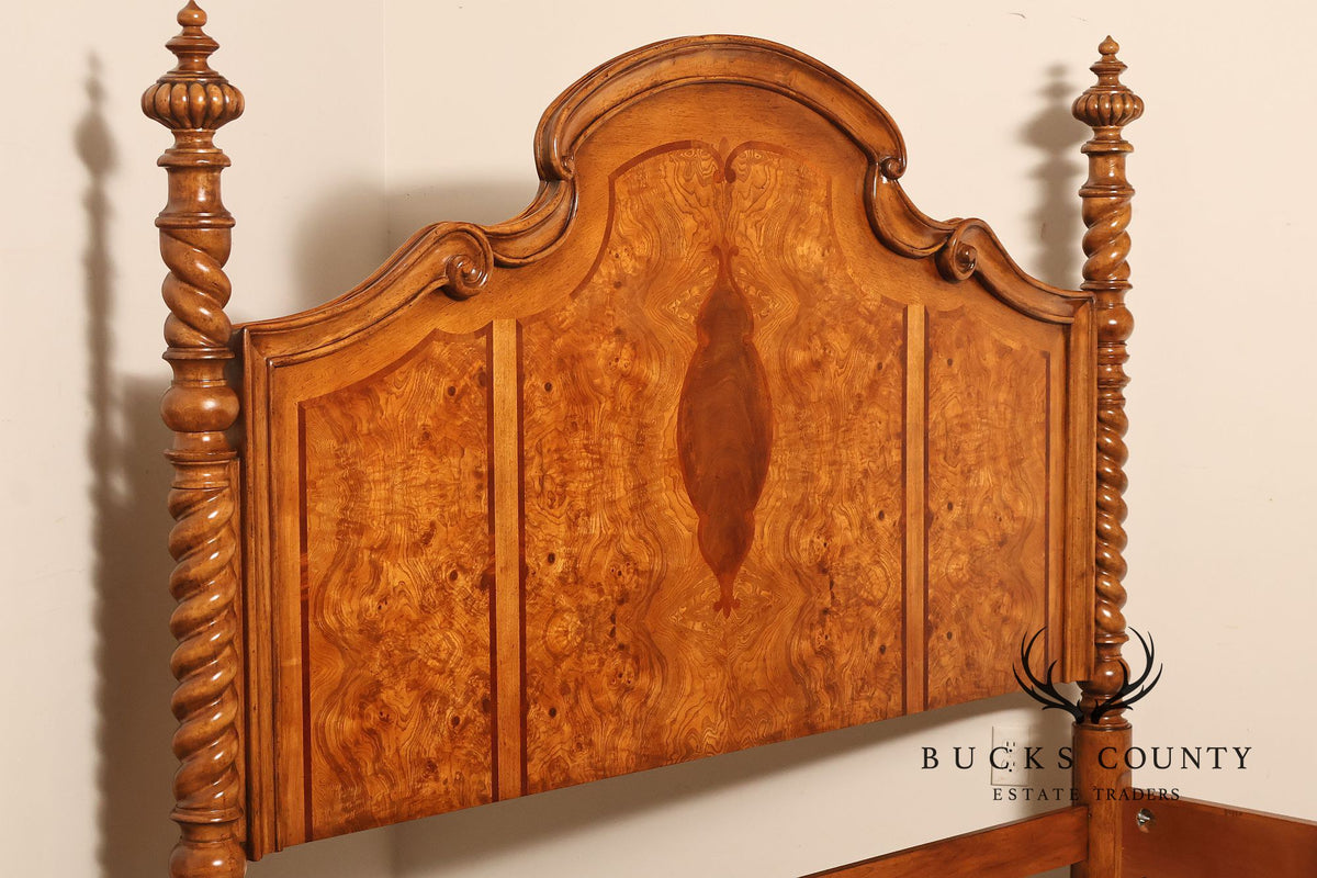 Drexel Heritage Venetian Collection Bookmatched Burl Wood King Four Poster Bed