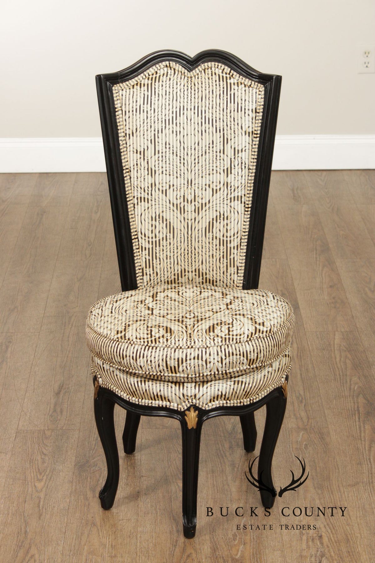 Italian Rococo Style Pair of Ebonized and Partial Gilt Side Chairs