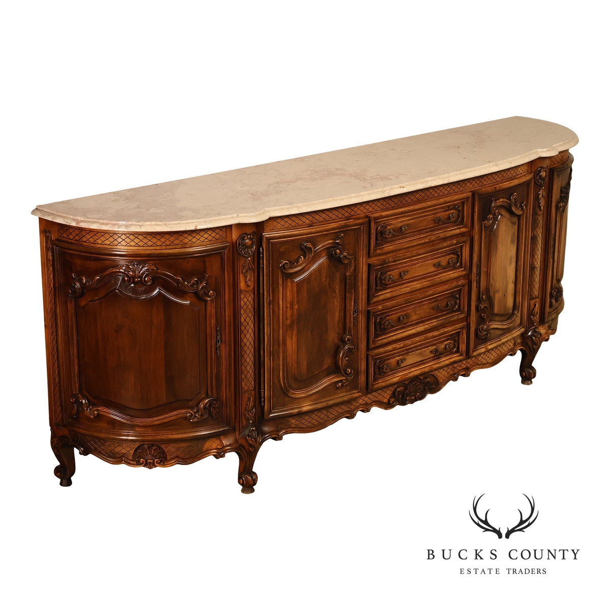 French Louis XV Style 106" Long Marble Top Walnut Sideboard