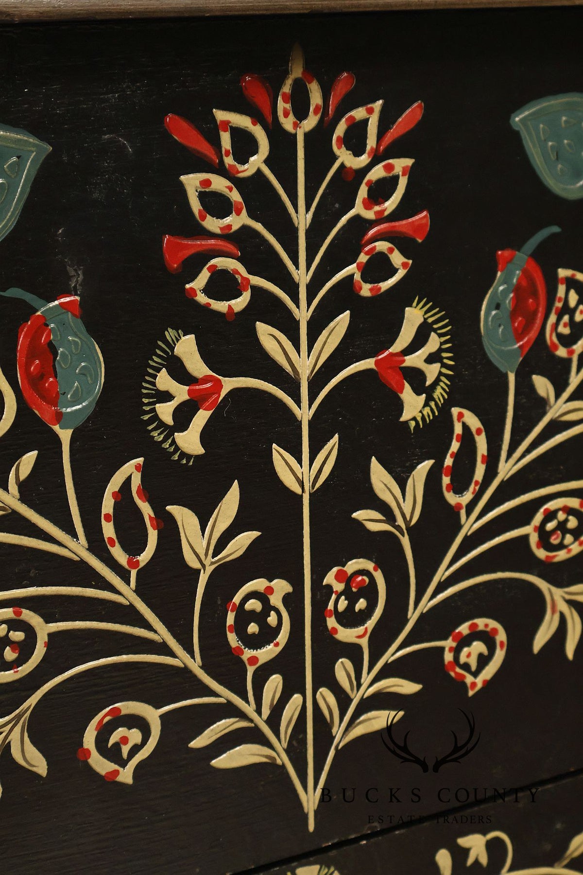 Hand Painted Black Floral Decorated Blanket Chest With Drawer