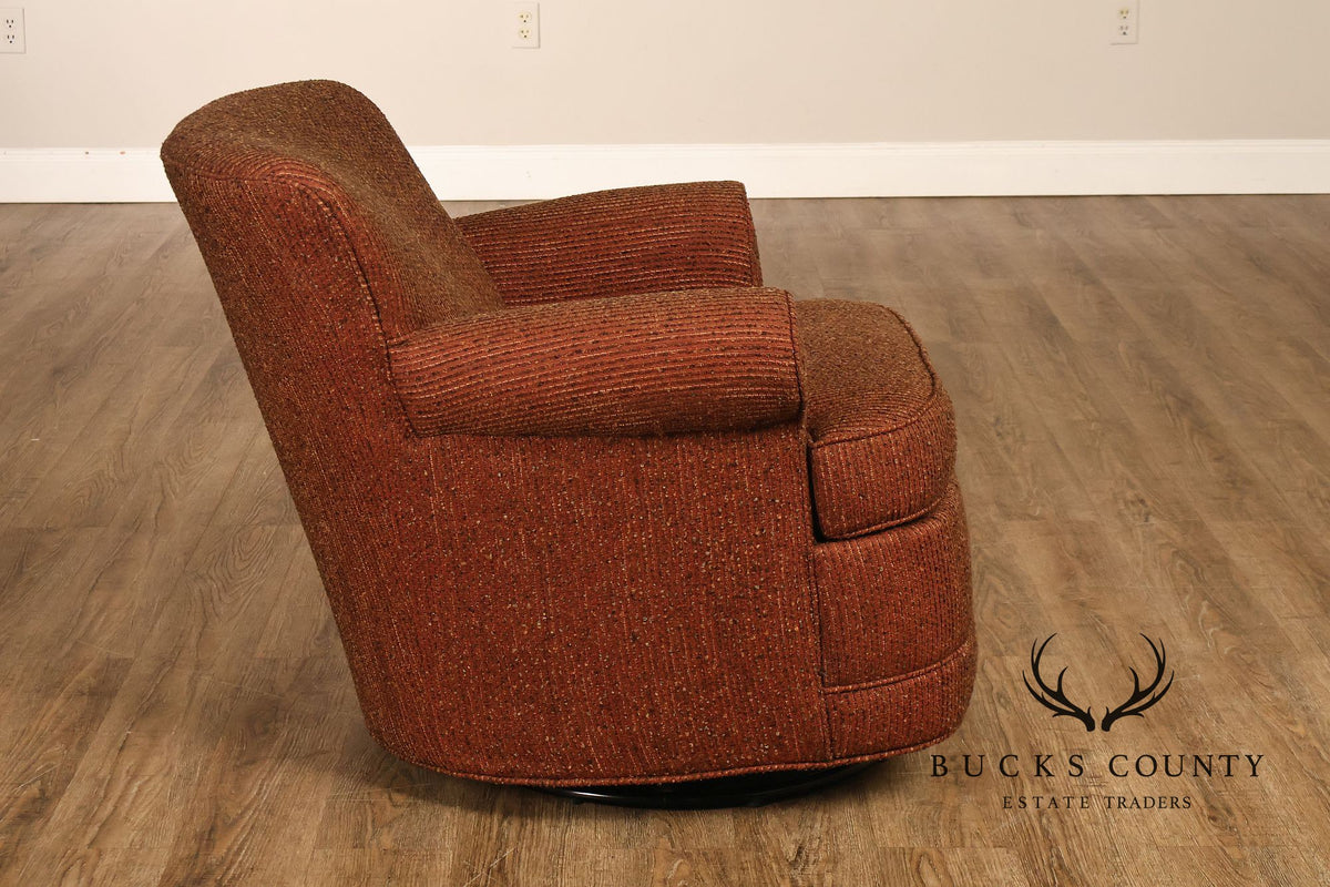 Leggett & Platt Pair Of Upholstered Swivel Glider Club Chairs With Round Ottoman