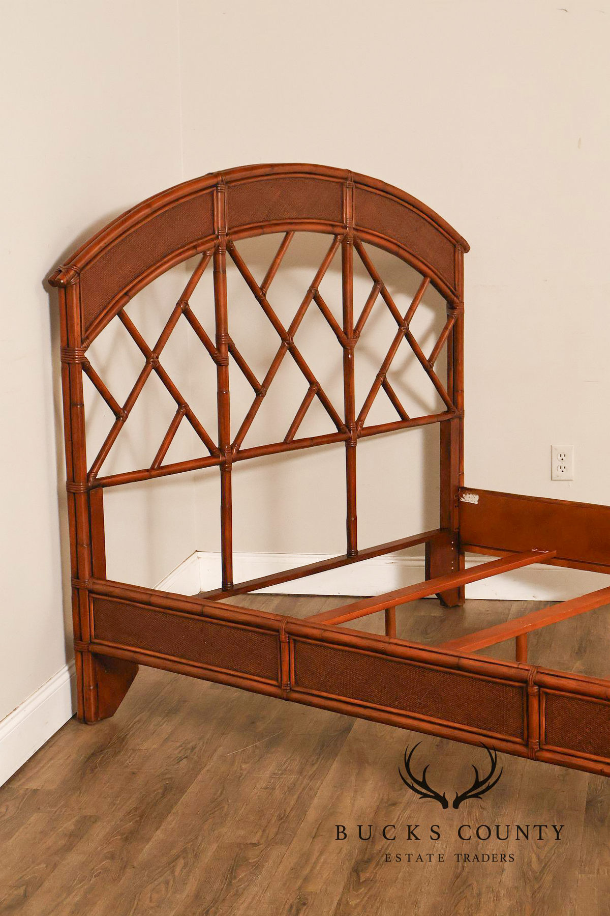 Chinese Chippendale Style Faux Bamboo and Rattan Queen Bed Frame