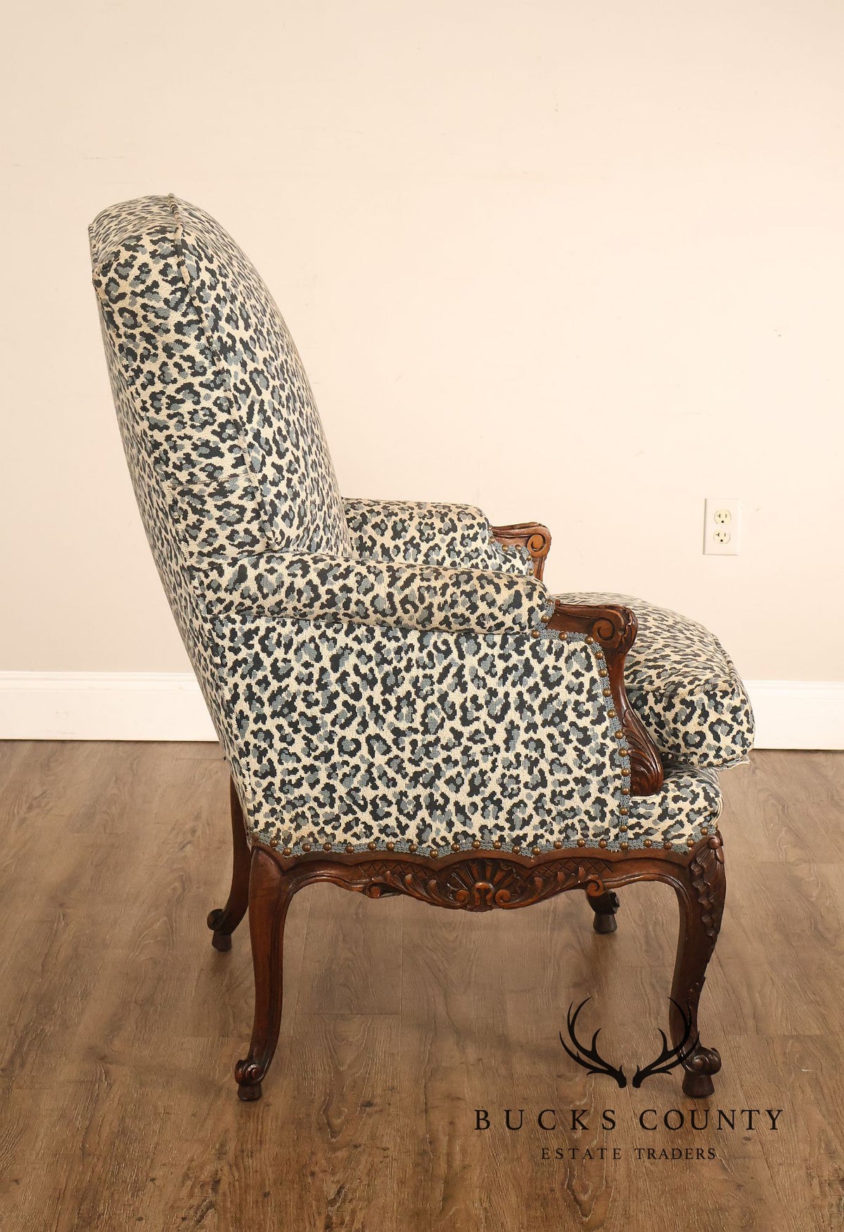 Vintage French Louis XV Style Carved Wood Leopard Upholstered Bergere Armchair