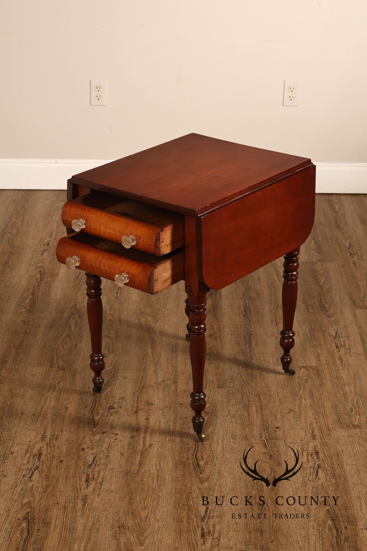 Antique American Sheraton Style Cherry And Tiger Maple Drop Leaf Work Table