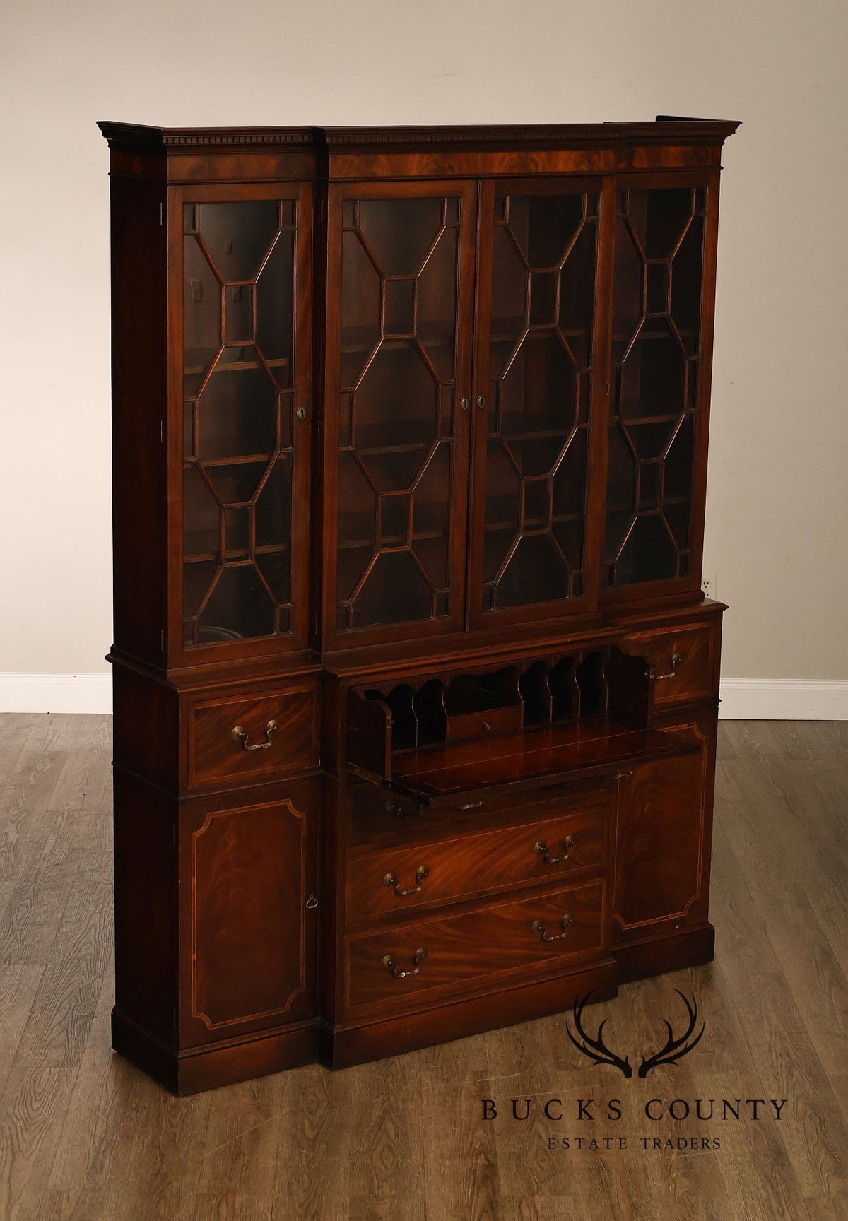 Georgian Style Mahogany Breakfront China Cabinet With Secretary Desk
