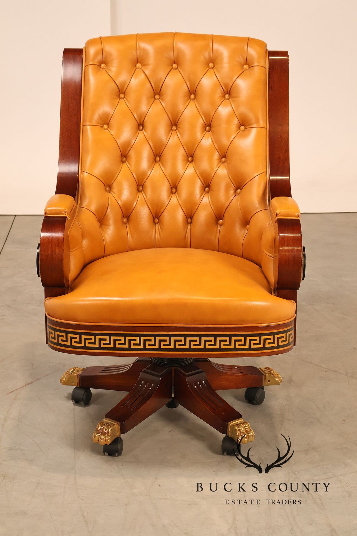 Mariner Leather Swivel Office Chair With Tufted Back And Carved Mahogany Base