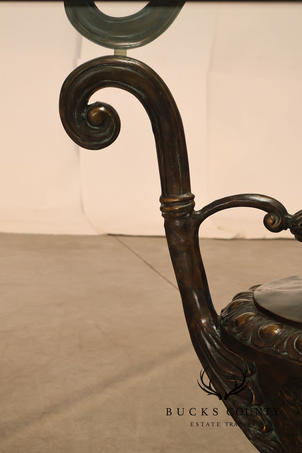 Monumental Brass Urn Form Double Pedestal Glass Top Dining Table