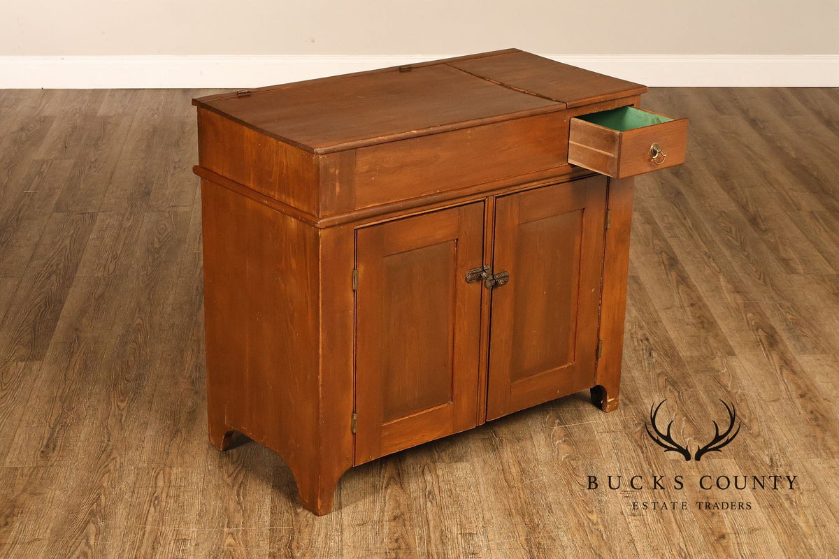Antique Primitive Wood Dry Sink With Lift Top And Paneled Cabinet