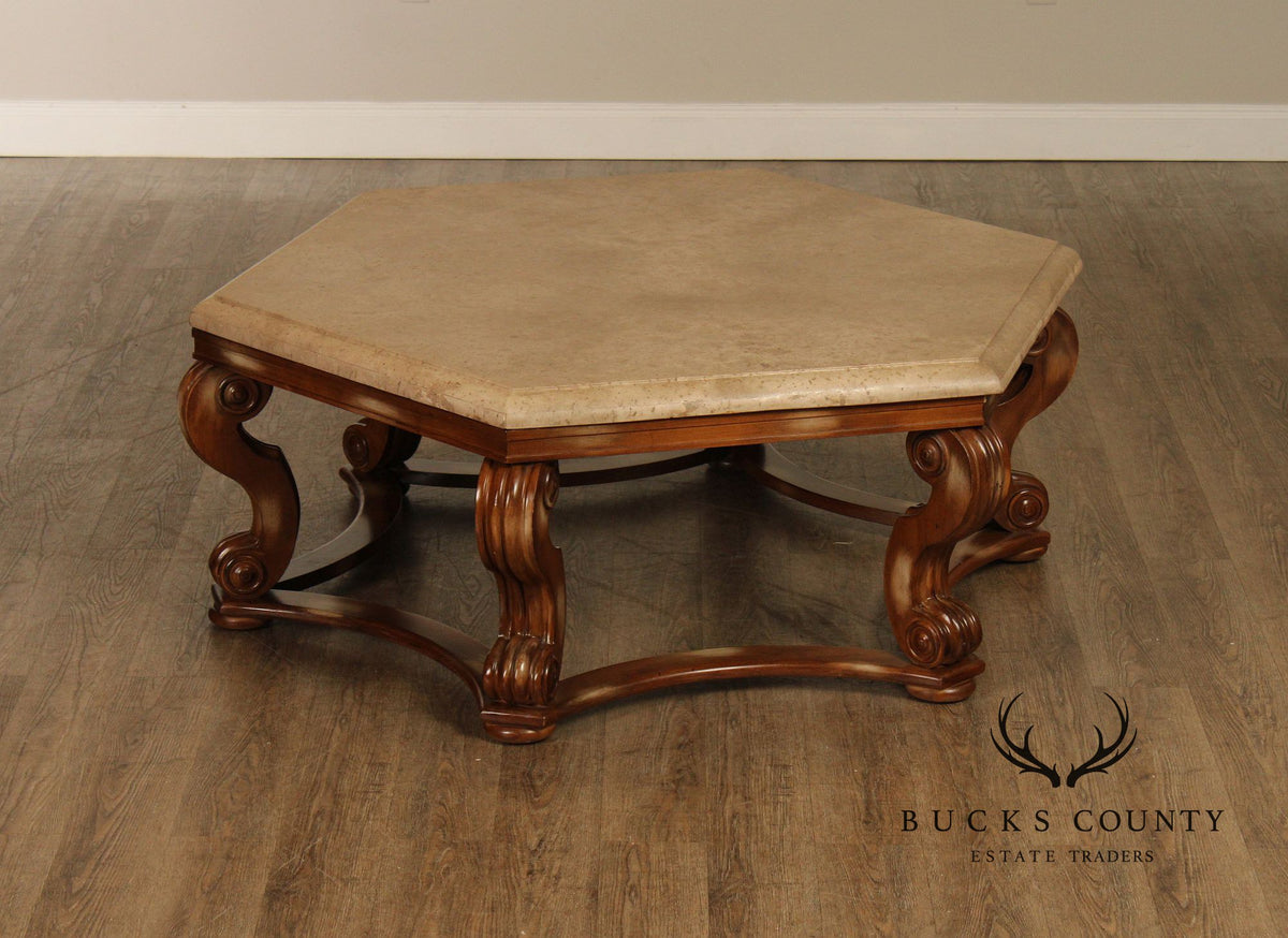 Century Furniture Tuscan Style Large Travertine Top Hexagonal Coffee Table