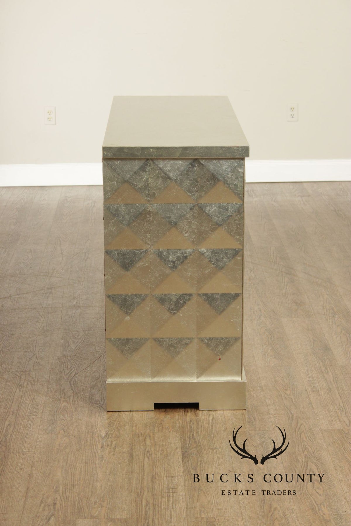Baker Furniture Pair Of Barbara Barry Silver Leaf Diamond Front Cabinets