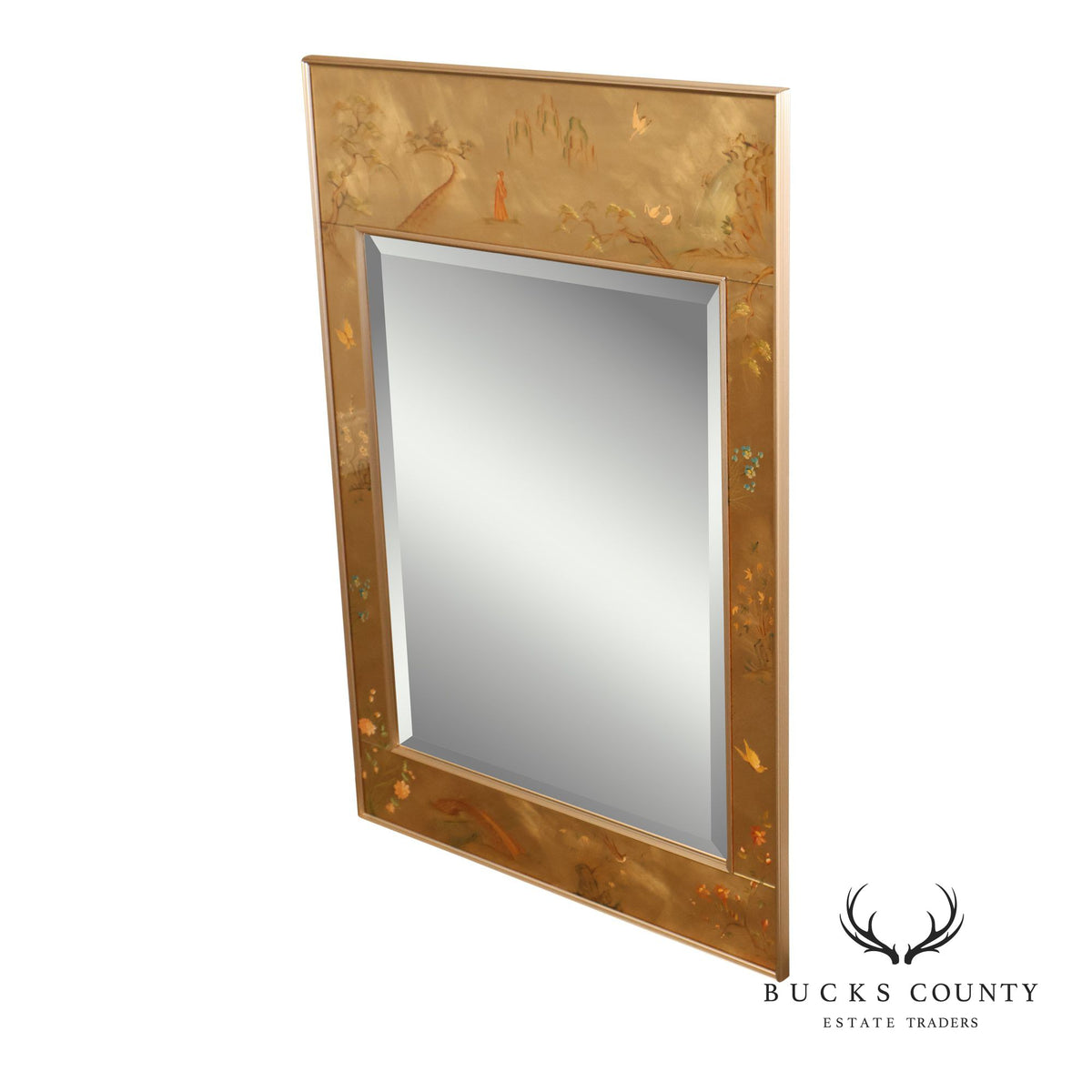 LaBarge Chinoiserie Eglomise Brass Wall Mirror